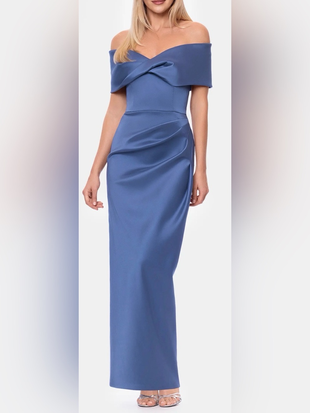 NEW Betsy & Adam Off the Shoulder Mikado Dark Slate Gown Sz 10